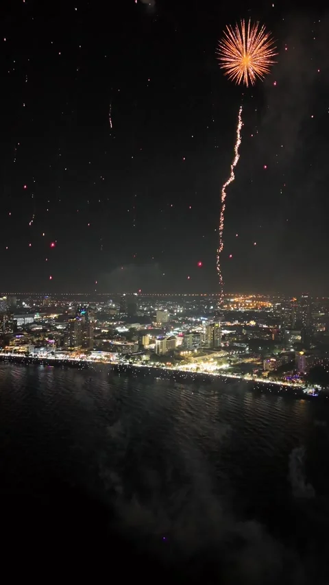 Fireworks Exploding Over Pattaya, Thailand Coastline at Night Stock Footage 335842681
