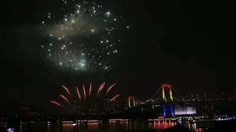 Fireworks exploding over the Rainbow Bridge in Tokyo 動画素材 329112191