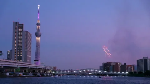 Fireworks Exploding Over Sumida River Beside The Tokyo Skytree Tower Stock Footage 337176156