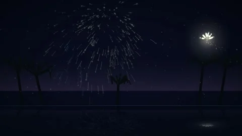 Fireworks Exploding Over Tropical Beach At Night Animated Background Stockbeeldmateriaal 347809284