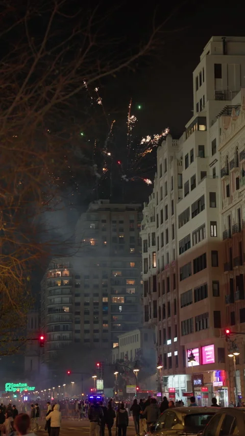Fireworks exploding over Valencia city street during Las Fallas festival at Stock-Footage 334293156