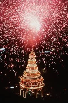 Fireworks exploding, thrissur pooram march festival, Kerala, India, Asia C... 写真素材