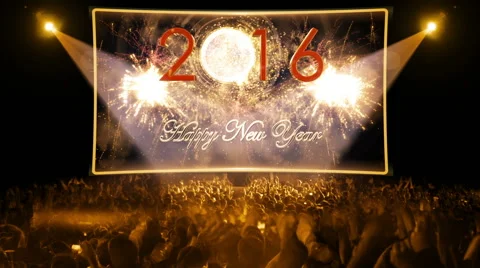 Fireworks explosion countdown to 2016 stage YELLOW Stock Footage 56588072
