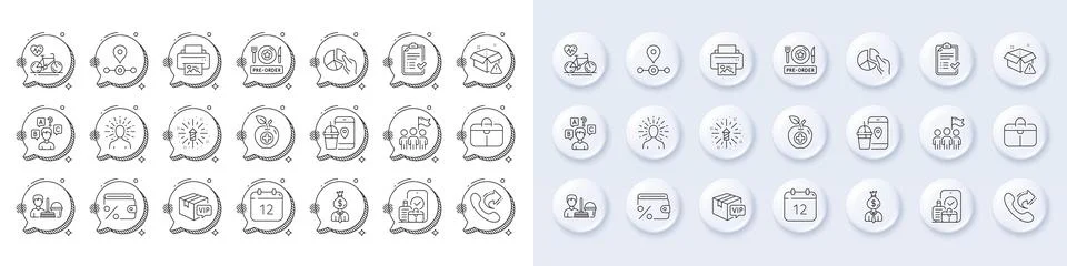 Fireworks explosion, Pie chart and Handbag line icons. For web app, printing Stock Illustration