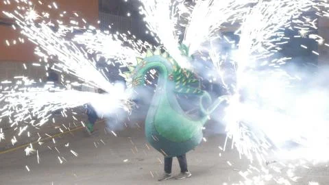 Fireworks firecrackers dragon exploding bright sparks lateral demons show night Stock Photos