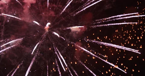 Fireworks with floating lamp and lantern at Chiang Mai, Thailand. Stock Footage 203151779