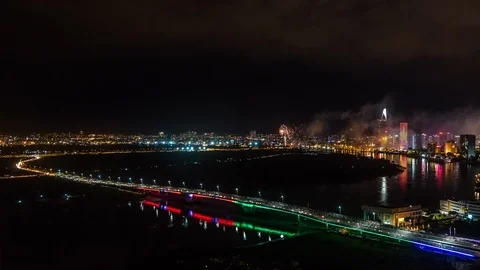 Fireworks in front of Ho Chi Minh City waterfront for Vietnam National Day Stock Footage 116866593
