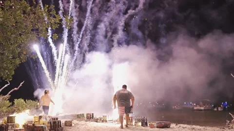 Fireworks going off behind the scenes Stock Footage 157239645