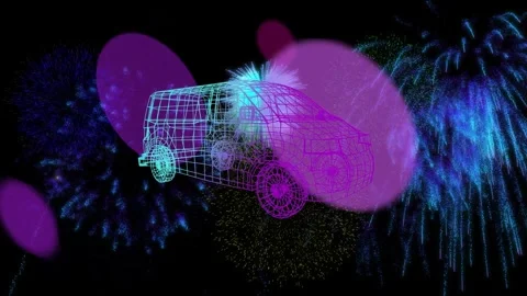 Fireworks launching below and exploding into cyan bursts around wireframe van Video stock 333132277