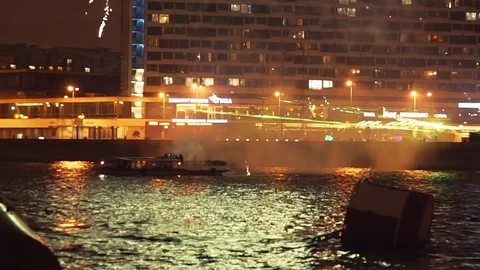 Fireworks Launching From Floating Boat Stock Footage 82280631