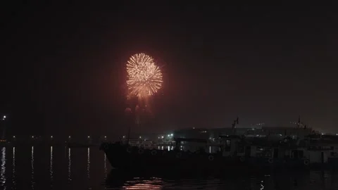 Fireworks Light Up Night Sky Over Ha Long City, Vietnam Stock Footage 329595041