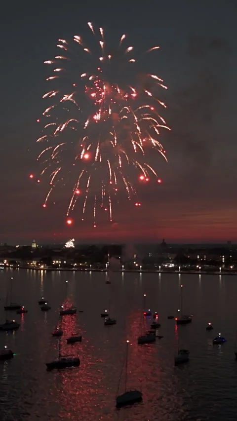Fireworks Lighting Up The Night Sky Over Harbor In Ocean City, Maryland, USA - Video stock 333961630