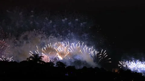 Fireworks line over Sydney Harbour bridge – New Year night as 4k. Stock Footage 145990769