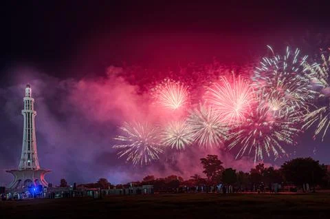 Fireworks at minar e Pakistan on 14th August  Stock Photos