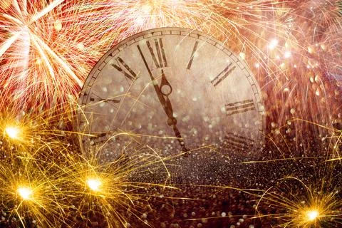 Fireworks New Year Clock.Countdown New Year's clock.Clock that marks a few .. Stock Photos