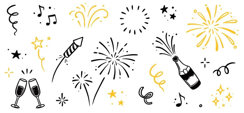 Fireworks new year set. Hand drawn vector elements with doodle golden confetti Stock Illustration