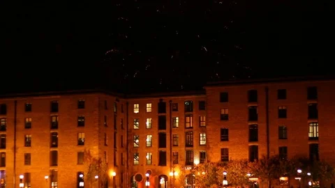 Fireworks over the Albert Dock Complex in Liverpool UK Stock Footage 70377542