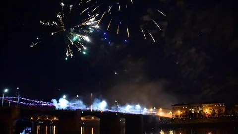 Fireworks over a bridge (HD) Stock Footage 123431233