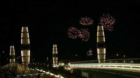 Fireworks over a bridge with traffic 2 Stock Footage 36688121