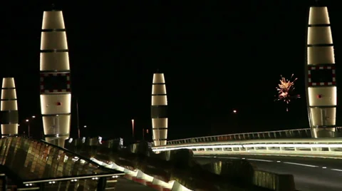 Fireworks over a bridge with traffic Stock Footage 36687864