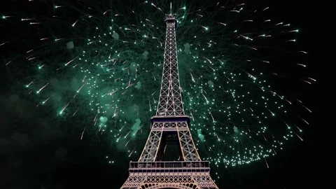 Fireworks over the Eiffel Tower ( time lapse, with zoom). Paris Stock Footage 234064225