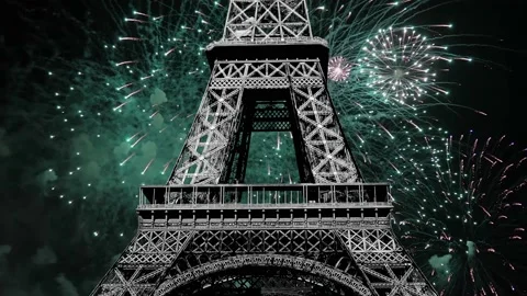 Fireworks over the Eiffel Tower ( time lapse, with zoom). Paris Stock Footage 234066586