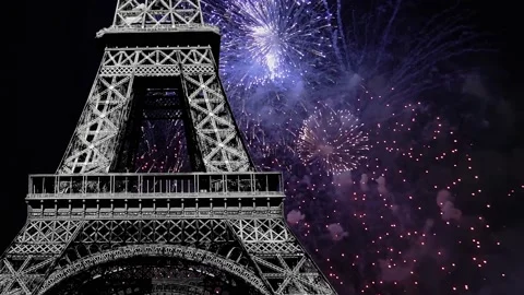 Fireworks over the Eiffel Tower ( time lapse, with zoom). Paris Stock Footage 234066742