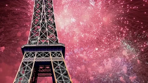 Fireworks over the Eiffel Tower ( time lapse, with zoom). Paris Stock Footage 234067872