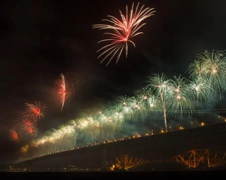 Fireworks over Forth road bridge, Edinburgh, Scotland, UK Stock Photos