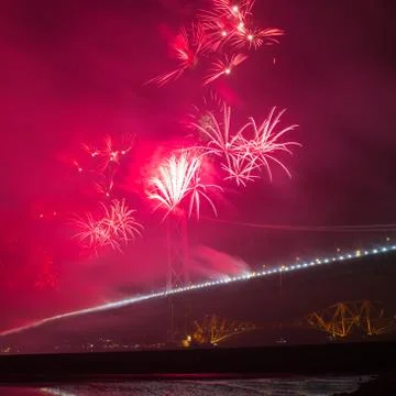 Fireworks over Forth road bridge, Edinburgh, Scotland, UK Stock Photos