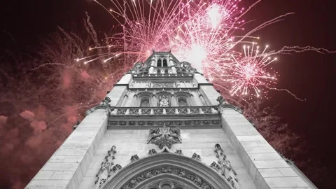 Fireworks over the gothic church of Saint Germain l´Auxerrois, Paris, France Stock Footage 246556653