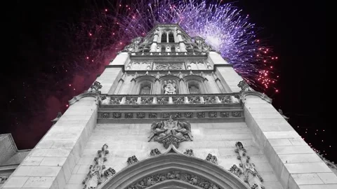 Fireworks over the gothic church of Saint Germain l´Auxerrois, Paris, France Stock Footage 246756341