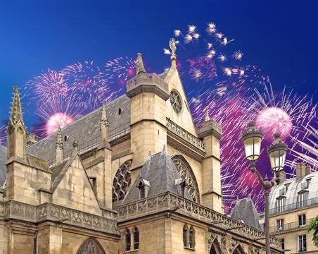 Fireworks over the gothic church of Saint Germain l Auxerrois, Paris, France Stock Photos