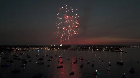 Fireworks Over Harbor In Ocean City, Maryland, USA - Wide Shot Video stock 333961722