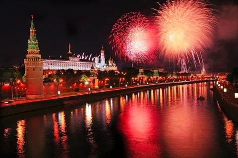 Fireworks over kremlin in the night Stock Photos