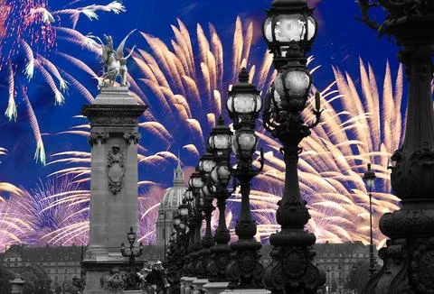 Fireworks over the Lamp posts on Alexander III Bridge. Paris, France Stock Photos