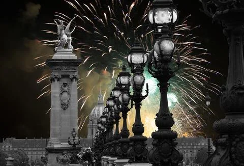 Fireworks over the Lamp posts on Alexander III Bridge. Paris, France Stock Photos