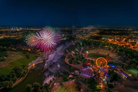 Fireworks over Munich from a high angle. Stock Photos