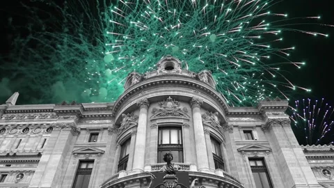 Fireworks over the Opera Garnier (Garnier Palace), Paris, France, with zoom Stock Footage 266805787