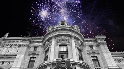 Fireworks over the Opera Garnier (Garnier Palace), Paris, France, with zoom Stock Footage 266805795