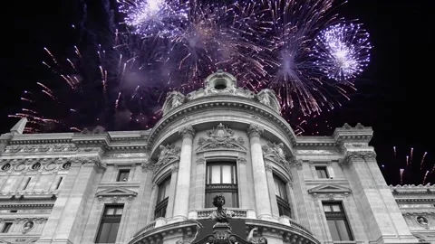 Fireworks over the Opera Garnier (Garnier Palace), Paris, France, with zoom Stock Footage 266805808