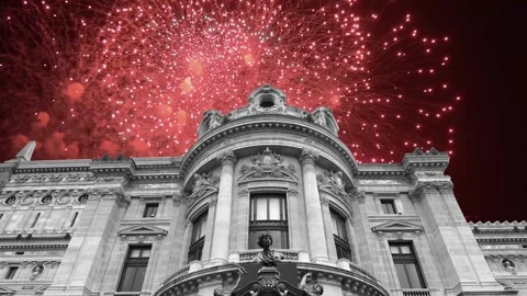 Fireworks over the Opera Garnier (Garnier Palace), Paris, France, with zoom Stock Footage 266805812