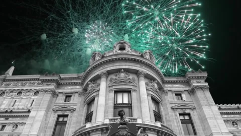 Fireworks over the Opera Garnier (Garnier Palace), Paris, France, with zoom Stock Footage 266805819