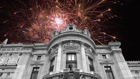 Fireworks over the Opera Garnier (Garnier Palace), Paris, France, with zoom Stock Footage 266805821