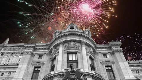 Fireworks over the Opera Garnier (Garnier Palace), Paris, France, with zoom Stock Footage 266805825