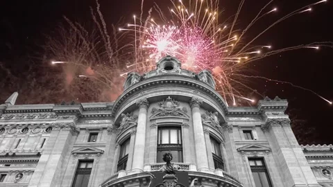 Fireworks over the Opera Garnier (Garnier Palace), Paris, France, with zoom Stock Footage 266805831
