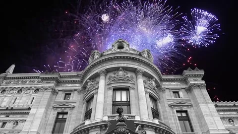 Fireworks over the Opera Garnier (Garnier Palace), Paris, France, with zoom Stock Footage 266805838