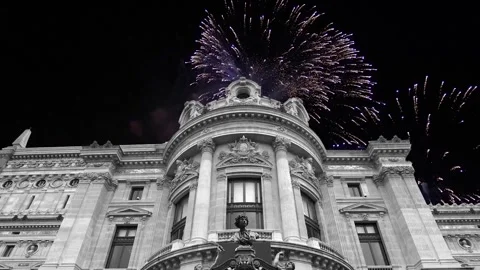 Fireworks over the Opera Garnier (Garnier Palace), Paris, France, with zoom Stock Footage 266805839