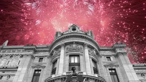 Fireworks over the Opera Garnier (Garnier Palace), Paris, France, with zoom Stock Footage 266805844