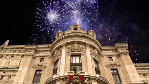 Fireworks over the Opera Garnier (Garnier Palace), Paris, France, with zoom Stock Footage 266805852